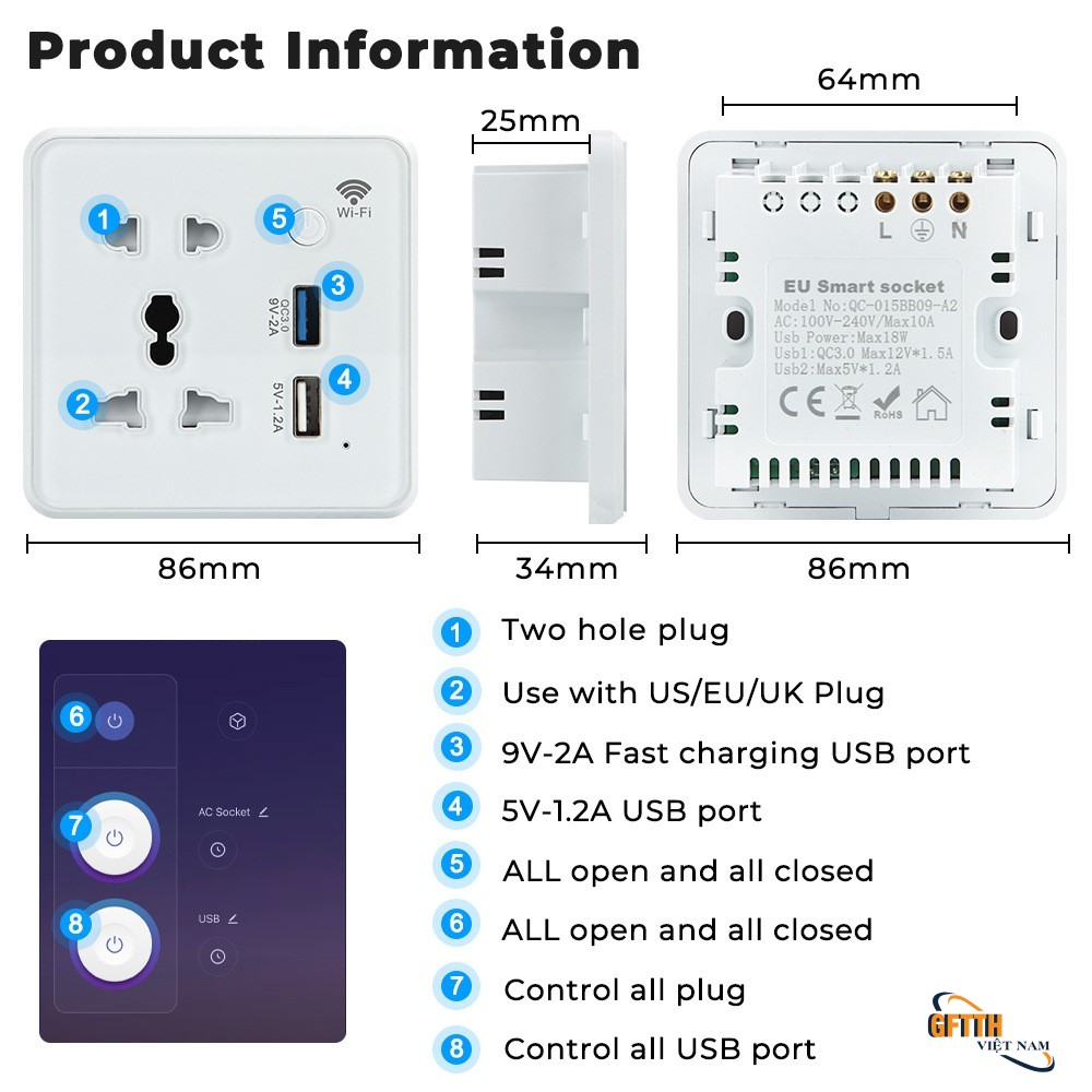 Ổ cắm âm tường thông minh Tuya Wifi, hỗ trợ Google và Alexa